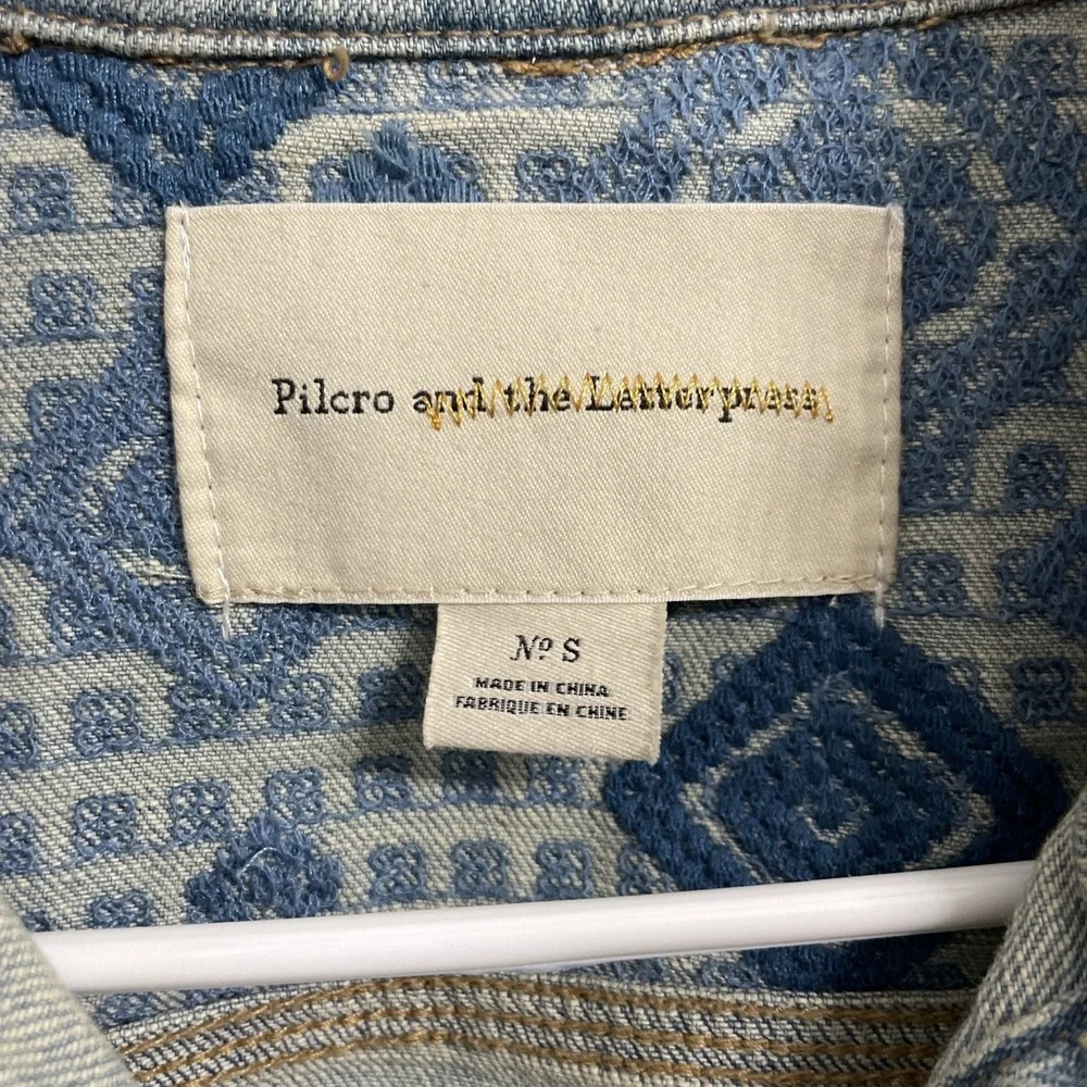 Anthropologie Pilcro and the Letterpress Embroidered Denim Jacket Terry Sleeve S